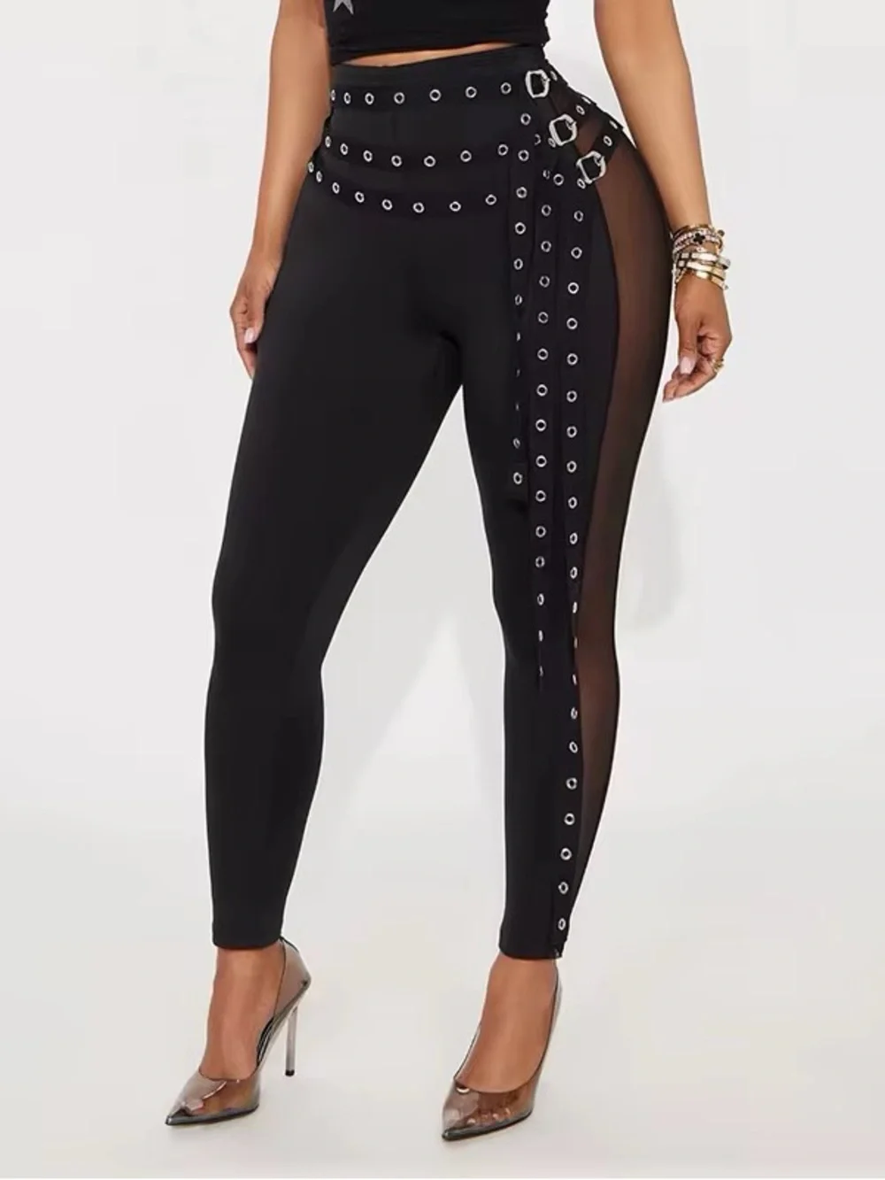 Black High-Waist Grommet Mesh-Panel Leggings